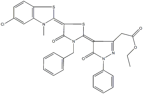 ethyl {4-[3-benzyl-5-(5-chloro-3-methyl-1,3-benzothiazol-2(3H)-ylidene)-4-oxo-1,3-thiazolidin-2-ylidene]-5-oxo-1-phenyl-4,5-dihydro-1H-pyrazol-3-yl}acetate Struktur