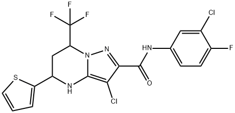 3-chloro-N-(3-chloro-4-fluorophenyl)-5-(2-thienyl)-7-(trifluoromethyl)-4,5,6,7-tetrahydropyrazolo[1,5-a]pyrimidine-2-carboxamide Struktur