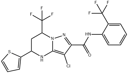 3-chloro-5-(2-thienyl)-7-(trifluoromethyl)-N-[2-(trifluoromethyl)phenyl]-4,5,6,7-tetrahydropyrazolo[1,5-a]pyrimidine-2-carboxamide Struktur