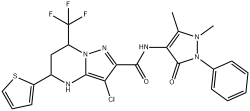 3-chloro-N-(1,5-dimethyl-3-oxo-2-phenyl-2,3-dihydro-1H-pyrazol-4-yl)-5-(2-thienyl)-7-(trifluoromethyl)-4,5,6,7-tetrahydropyrazolo[1,5-a]pyrimidine-2-carboxamide Struktur