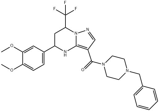 3-[(4-benzyl-1-piperazinyl)carbonyl]-5-(3,4-dimethoxyphenyl)-7-(trifluoromethyl)-4,5,6,7-tetrahydropyrazolo[1,5-a]pyrimidine Struktur