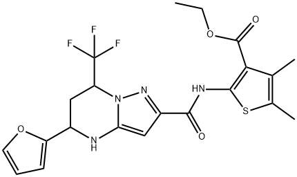 ethyl 2-({[5-(2-furyl)-7-(trifluoromethyl)-4,5,6,7-tetrahydropyrazolo[1,5-a]pyrimidin-2-yl]carbonyl}amino)-4,5-dimethyl-3-thiophenecarboxylate Struktur