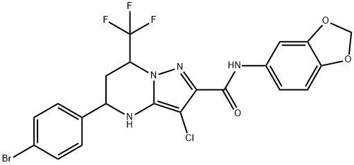 N-(1,3-benzodioxol-5-yl)-5-(4-bromophenyl)-3-chloro-7-(trifluoromethyl)-4,5,6,7-tetrahydropyrazolo[1,5-a]pyrimidine-2-carboxamide Struktur