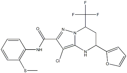 3-chloro-5-(2-furyl)-N-[2-(methylsulfanyl)phenyl]-7-(trifluoromethyl)-4,5,6,7-tetrahydropyrazolo[1,5-a]pyrimidine-2-carboxamide Struktur