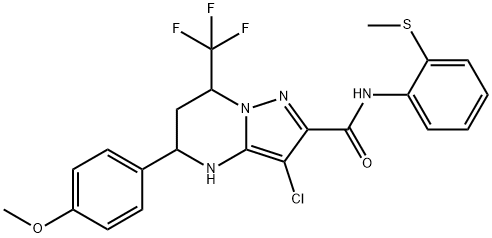 3-chloro-5-(4-methoxyphenyl)-N-[2-(methylsulfanyl)phenyl]-7-(trifluoromethyl)-4,5,6,7-tetrahydropyrazolo[1,5-a]pyrimidine-2-carboxamide Struktur