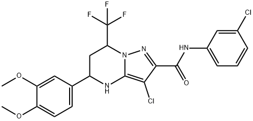 3-chloro-N-(3-chlorophenyl)-5-(3,4-dimethoxyphenyl)-7-(trifluoromethyl)-4,5,6,7-tetrahydropyrazolo[1,5-a]pyrimidine-2-carboxamide Struktur