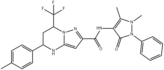 N-(1,5-dimethyl-3-oxo-2-phenyl-2,3-dihydro-1H-pyrazol-4-yl)-5-(4-methylphenyl)-7-(trifluoromethyl)-4,5,6,7-tetrahydropyrazolo[1,5-a]pyrimidine-2-carboxamide Struktur