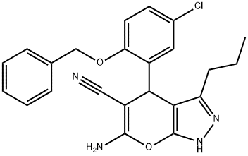 6-amino-4-[2-(benzyloxy)-5-chlorophenyl]-3-propyl-1,4-dihydropyrano[2,3-c]pyrazole-5-carbonitrile Struktur