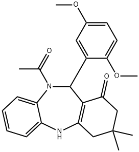 10-acetyl-11-(2,5-dimethoxyphenyl)-3,3-dimethyl-2,3,4,5,10,11-hexahydro-1H-dibenzo[b,e][1,4]diazepin-1-one Struktur