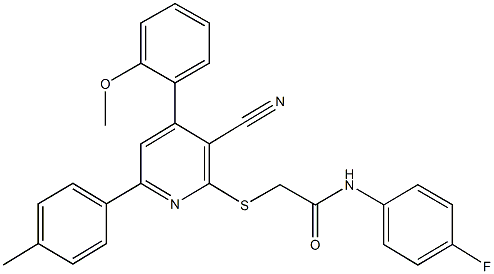 2-{[3-cyano-4-(2-methoxyphenyl)-6-(4-methylphenyl)-2-pyridinyl]sulfanyl}-N-(4-fluorophenyl)acetamide Struktur