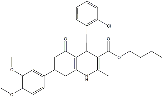 butyl 4-(2-chlorophenyl)-7-(3,4-dimethoxyphenyl)-2-methyl-5-oxo-1,4,5,6,7,8-hexahydro-3-quinolinecarboxylate Struktur