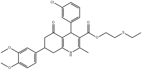 2-(ethylsulfanyl)ethyl 4-(3-chlorophenyl)-7-(3,4-dimethoxyphenyl)-2-methyl-5-oxo-1,4,5,6,7,8-hexahydro-3-quinolinecarboxylate Struktur