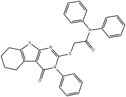 2-[(4-oxo-3-phenyl-3,4,5,6,7,8-hexahydro[1]benzothieno[2,3-d]pyrimidin-2-yl)sulfanyl]-N,N-diphenylacetamide Struktur