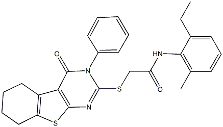 N-(2-ethyl-6-methylphenyl)-2-[(4-oxo-3-phenyl-3,4,5,6,7,8-hexahydro[1]benzothieno[2,3-d]pyrimidin-2-yl)sulfanyl]acetamide Struktur