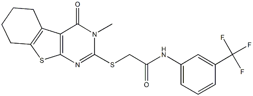 2-[(3-methyl-4-oxo-3,4,5,6,7,8-hexahydro[1]benzothieno[2,3-d]pyrimidin-2-yl)sulfanyl]-N-[3-(trifluoromethyl)phenyl]acetamide Struktur