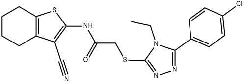 2-{[5-(4-chlorophenyl)-4-ethyl-4H-1,2,4-triazol-3-yl]sulfanyl}-N-(3-cyano-4,5,6,7-tetrahydro-1-benzothien-2-yl)acetamide Struktur