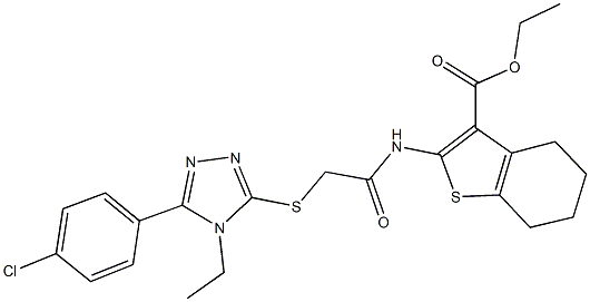 ethyl 2-[({[5-(4-chlorophenyl)-4-ethyl-4H-1,2,4-triazol-3-yl]sulfanyl}acetyl)amino]-4,5,6,7-tetrahydro-1-benzothiophene-3-carboxylate Struktur