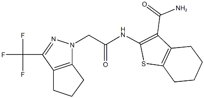 2-{[(3-(trifluoromethyl)-5,6-dihydrocyclopenta[c]pyrazol-1(4H)-yl)acetyl]amino}-4,5,6,7-tetrahydro-1-benzothiophene-3-carboxamide Struktur