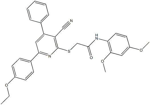 2-{[3-cyano-6-(4-ethoxyphenyl)-4-phenyl-2-pyridinyl]sulfanyl}-N-(2,4-dimethoxyphenyl)acetamide Struktur