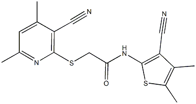 2-[(3-cyano-4,6-dimethyl-2-pyridinyl)sulfanyl]-N-(3-cyano-4,5-dimethyl-2-thienyl)acetamide Struktur