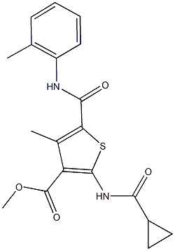 methyl 2-[(cyclopropylcarbonyl)amino]-4-methyl-5-(2-toluidinocarbonyl)-3-thiophenecarboxylate Struktur