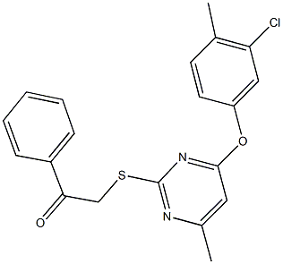 2-{[4-(3-chloro-4-methylphenoxy)-6-methyl-2-pyrimidinyl]sulfanyl}-1-phenylethanone Struktur