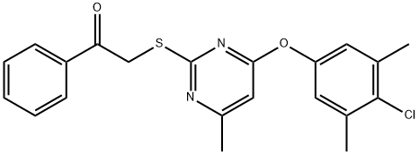 2-{[4-(4-chloro-3,5-dimethylphenoxy)-6-methyl-2-pyrimidinyl]sulfanyl}-1-phenylethanone Struktur