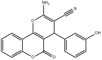 2-amino-4-(3-hydroxyphenyl)-5-oxo-4H,5H-pyrano[3,2-c]chromene-3-carbonitrile Struktur