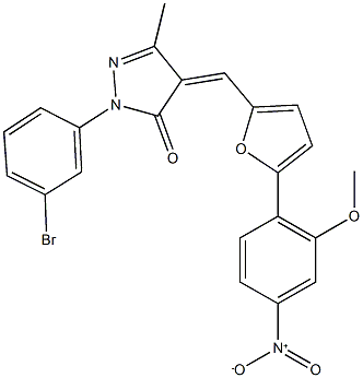 2-(3-bromophenyl)-4-[(5-{4-nitro-2-methoxyphenyl}-2-furyl)methylene]-5-methyl-2,4-dihydro-3H-pyrazol-3-one Struktur