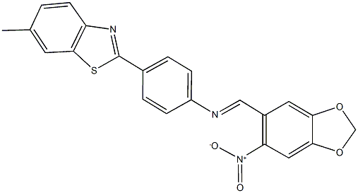 2-{4-[({6-nitro-1,3-benzodioxol-5-yl}methylene)amino]phenyl}-6-methyl-1,3-benzothiazole Struktur