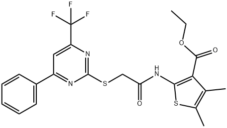 ethyl 4,5-dimethyl-2-[({[4-phenyl-6-(trifluoromethyl)-2-pyrimidinyl]sulfanyl}acetyl)amino]-3-thiophenecarboxylate Struktur