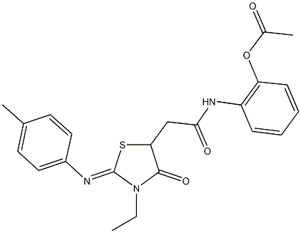 2-[(2-{3-ethyl-2-[(4-methylphenyl)imino]-4-oxo-1,3-thiazolidin-5-yl}acetyl)amino]phenyl acetate Struktur