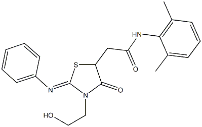 N-(2,6-dimethylphenyl)-2-[3-(2-hydroxyethyl)-4-oxo-2-(phenylimino)-1,3-thiazolidin-5-yl]acetamide Struktur