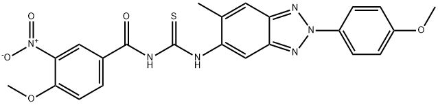 N-{3-nitro-4-methoxybenzoyl}-N'-[2-(4-methoxyphenyl)-6-methyl-2H-1,2,3-benzotriazol-5-yl]thiourea Struktur