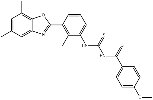 N-[3-(5,7-dimethyl-1,3-benzoxazol-2-yl)-2-methylphenyl]-N'-(4-methoxybenzoyl)thiourea Struktur