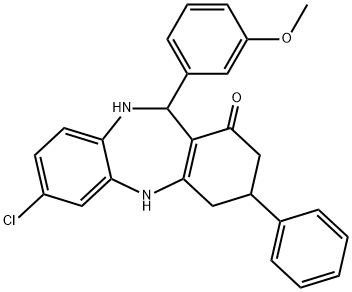 7-chloro-11-(3-methoxyphenyl)-3-phenyl-2,3,4,5,10,11-hexahydro-1H-dibenzo[b,e][1,4]diazepin-1-one Struktur