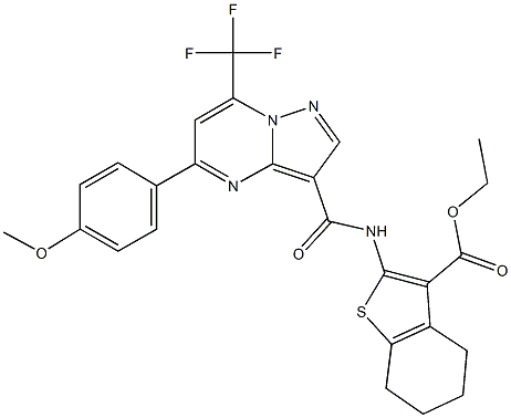 ethyl 2-({[5-(4-methoxyphenyl)-7-(trifluoromethyl)pyrazolo[1,5-a]pyrimidin-3-yl]carbonyl}amino)-4,5,6,7-tetrahydro-1-benzothiophene-3-carboxylate Struktur