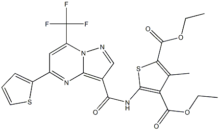 diethyl 3-methyl-5-({[5-(2-thienyl)-7-(trifluoromethyl)pyrazolo[1,5-a]pyrimidin-3-yl]carbonyl}amino)-2,4-thiophenedicarboxylate Struktur