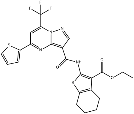 ethyl 2-({[5-(2-thienyl)-7-(trifluoromethyl)pyrazolo[1,5-a]pyrimidin-3-yl]carbonyl}amino)-4,5,6,7-tetrahydro-1-benzothiophene-3-carboxylate Struktur