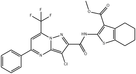 methyl 2-({[3-chloro-5-phenyl-7-(trifluoromethyl)pyrazolo[1,5-a]pyrimidin-2-yl]carbonyl}amino)-4,5,6,7-tetrahydro-1-benzothiophene-3-carboxylate Struktur