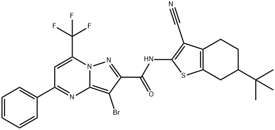 3-bromo-N-(6-tert-butyl-3-cyano-4,5,6,7-tetrahydro-1-benzothien-2-yl)-5-phenyl-7-(trifluoromethyl)pyrazolo[1,5-a]pyrimidine-2-carboxamide Struktur