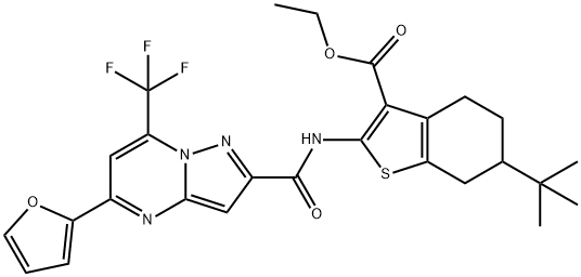 ethyl 6-tert-butyl-2-({[5-(2-furyl)-7-(trifluoromethyl)pyrazolo[1,5-a]pyrimidin-2-yl]carbonyl}amino)-4,5,6,7-tetrahydro-1-benzothiophene-3-carboxylate Struktur