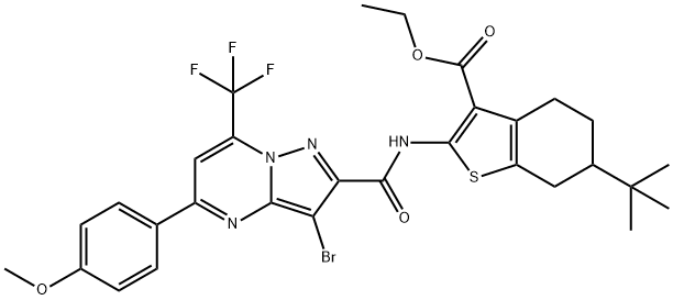 ethyl 2-({[3-bromo-5-(4-methoxyphenyl)-7-(trifluoromethyl)pyrazolo[1,5-a]pyrimidin-2-yl]carbonyl}amino)-6-tert-butyl-4,5,6,7-tetrahydro-1-benzothiophene-3-carboxylate Struktur