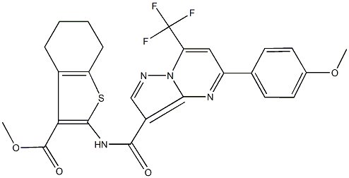 methyl 2-({[5-(4-methoxyphenyl)-7-(trifluoromethyl)pyrazolo[1,5-a]pyrimidin-3-yl]carbonyl}amino)-4,5,6,7-tetrahydro-1-benzothiophene-3-carboxylate Struktur