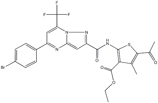 ethyl 5-acetyl-2-({[5-(4-bromophenyl)-7-(trifluoromethyl)pyrazolo[1,5-a]pyrimidin-2-yl]carbonyl}amino)-4-methyl-3-thiophenecarboxylate Struktur