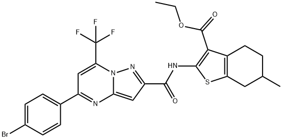 ethyl 2-({[5-(4-bromophenyl)-7-(trifluoromethyl)pyrazolo[1,5-a]pyrimidin-2-yl]carbonyl}amino)-6-methyl-4,5,6,7-tetrahydro-1-benzothiophene-3-carboxylate Struktur