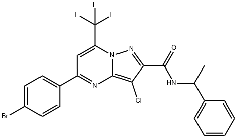 5-(4-bromophenyl)-3-chloro-N-(1-phenylethyl)-7-(trifluoromethyl)pyrazolo[1,5-a]pyrimidine-2-carboxamide Struktur