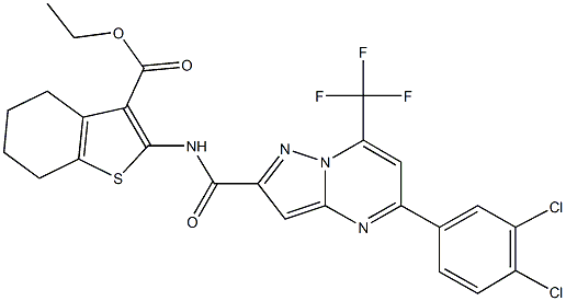 ethyl 2-({[5-(3,4-dichlorophenyl)-7-(trifluoromethyl)pyrazolo[1,5-a]pyrimidin-2-yl]carbonyl}amino)-4,5,6,7-tetrahydro-1-benzothiophene-3-carboxylate Struktur