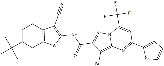 3-bromo-N-(6-tert-butyl-3-cyano-4,5,6,7-tetrahydro-1-benzothien-2-yl)-5-(2-thienyl)-7-(trifluoromethyl)pyrazolo[1,5-a]pyrimidine-2-carboxamide Struktur