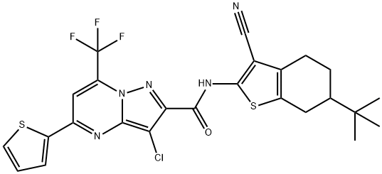 N-(6-tert-butyl-3-cyano-4,5,6,7-tetrahydro-1-benzothien-2-yl)-3-chloro-5-(2-thienyl)-7-(trifluoromethyl)pyrazolo[1,5-a]pyrimidine-2-carboxamide Struktur